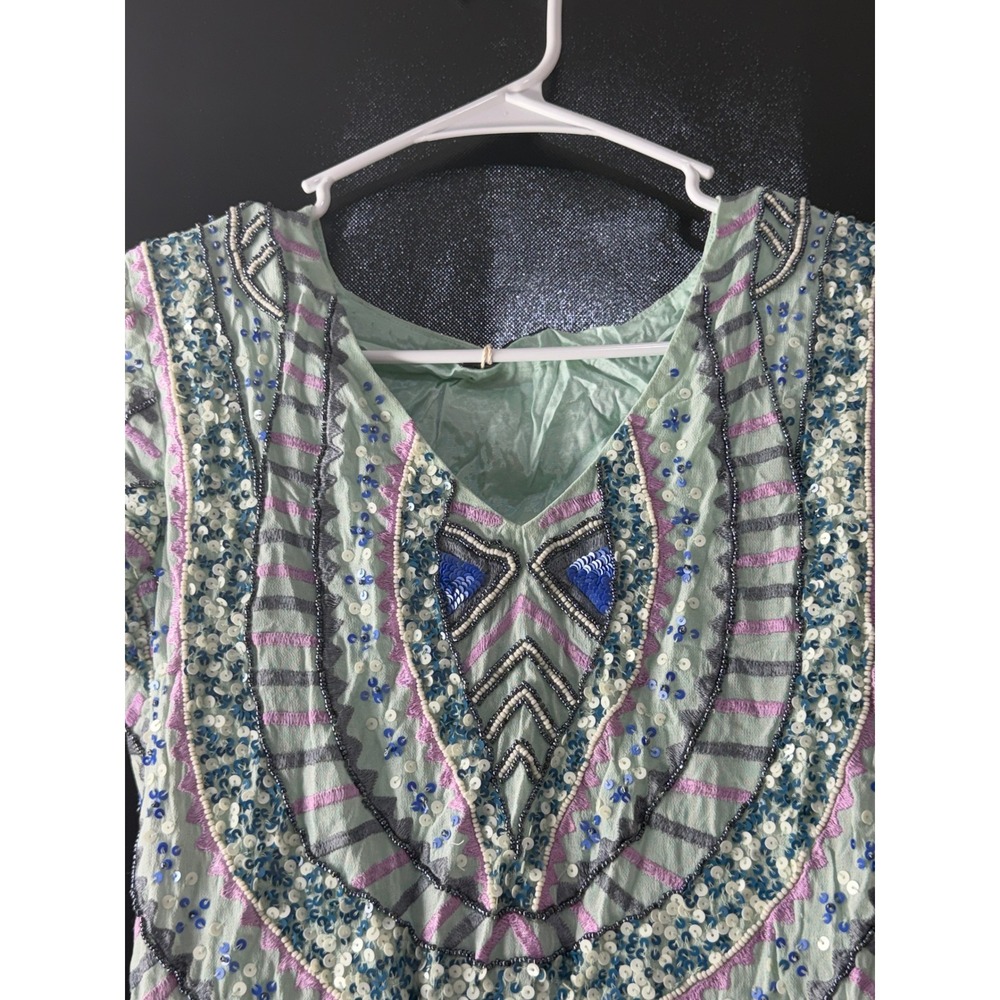 Antik Batik Mint Green Beaded Sequin Mini Dress V-Neck Boho Short Sleeve - Picture 6 of 12